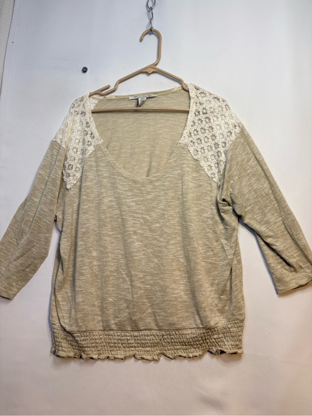 American Rag Beige Lace-Shoulder V-Neck Sweatshirt 2x